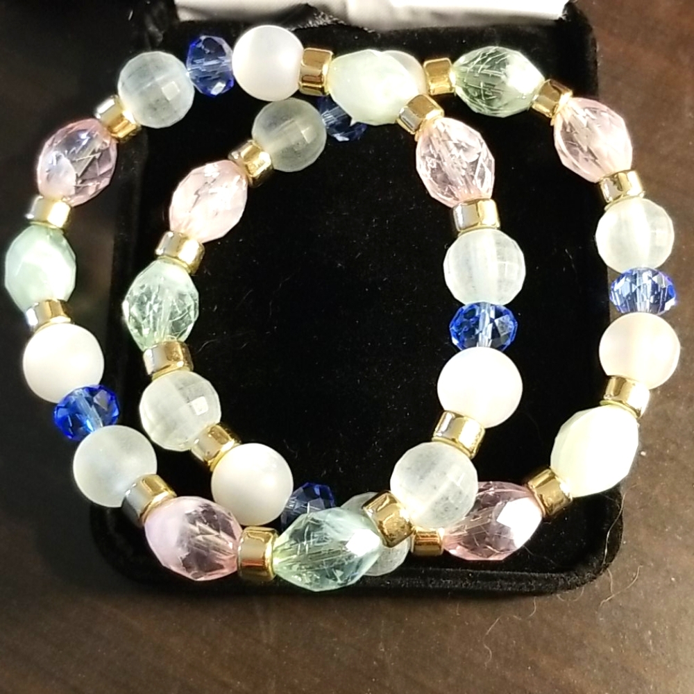Two Piece Green, Blue and Pink Bracelets